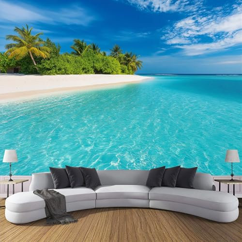 DLERFLOVR Fototapete Tropische Insel 3D Effekt 350X256Cm - Strand Meerwasser Fototapeten Für Wandbild Wohnzimmer Schlafzimmer Flur Modern Tapete Seidenstoff Wandtapete Motivtapeten