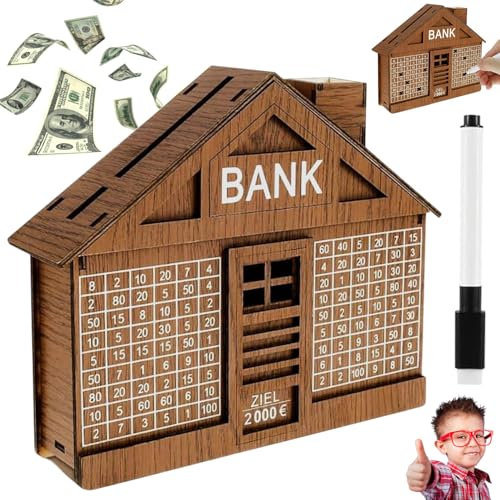 Spardose aus Holz, Retro Sparbüchse Aufbewahrungsbox, Spardose Kinder-Sparziel, Sparschwein mit Marker, Wiederverwendbare Spardose, Fortune Box, Spardose für Kinder und Erwachsene (2000€)