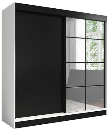 A&J MöbelLand Schwebetürenschrank TAVIRO Kleiderschrank 3-türig mit Schubladen, und Spiegel, Garderobe 200 cm (Weiß|Schwarz)