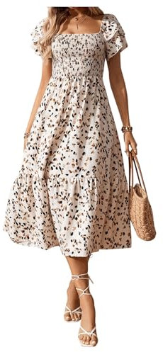 GORGLITTER Women's Floral Square Neck A Line Midi Dress Ruffle Short Sleeve Smocked Holiday Dresses Apricot Medium