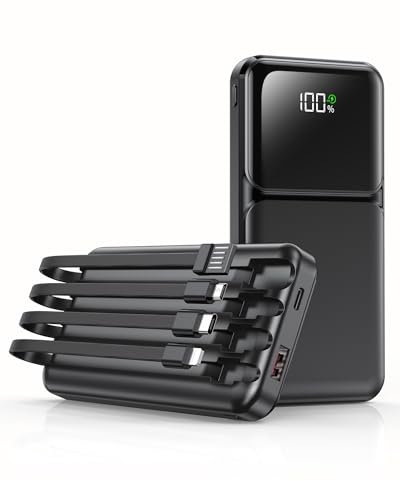 Power Bank 15000mAh mit 4 Kabeln, Powerbank 22,5W PD20W USB-C Schnelllade-Externe Handyakku, Tragbares Ladegerät mit LED-Anzeige für iPhone Samsung Huawei Outdoor