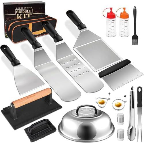 Sumeber Accessoires de barbecue en acier inoxydable avec spatule pour barbecue, presse à hamburger Smash en fonte, accessoires de plancha, set de 18 couverts pour plancha barbecue, teppanyaki, cadeau