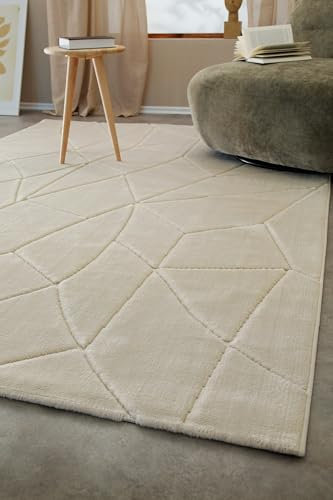 WECONhome Kurzflorteppich – Moderner Teppich mit weicher Haptik & geometrischem Linienrelief – OEKO-TEX zertifiziert, Pflegeleicht & geeignet für Fußbodenheizung - Unplugged (140 x 200 cm, sand beige)