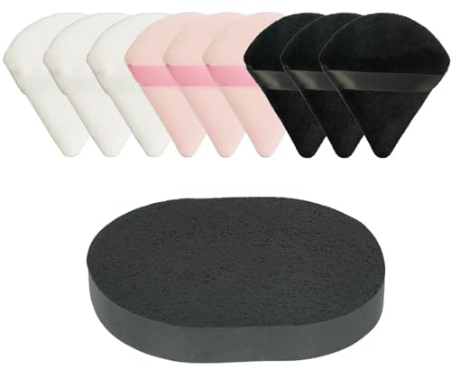 9 Stück Triangle Puderquaste Set mit 1 Bambuskohle Reinigungsschwamm - Wiederverwendbare Kosmetikschwämme für Foundation, loses Puder & Reinigung - Weiches Make-up Werkzeug für Nass/Trockenanwendung