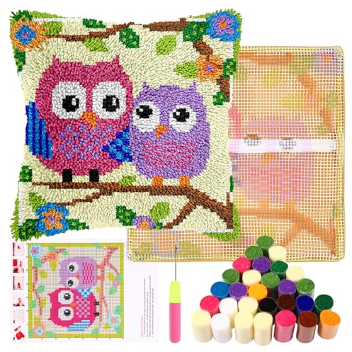 Knüpfhaken Kissen Kits Latch Hook Kissen Set für Kinder oder Anfänger Erwachsene DIY Latch Haken Kissenbezug Teppich Stickerei Set DIY Knüpfteppich Knüpfpackung für Home Sofa Dekor 43x43cm(Eule)