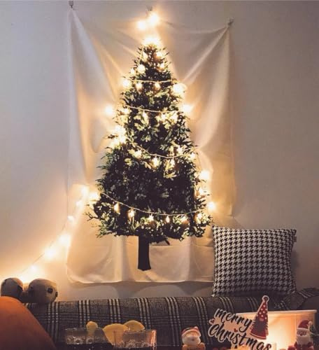 KuSONG Tapiz de árbol de Navidad, alfombras de pared de árbol de Navidad con cadena de luces de cobre (Blanco Mediano)