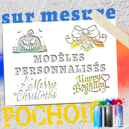 Pochoir Personnalisable pour Peinture Texte/Chiffres/Logo/Motif, Personnalisables Réutilisable Pochoir Alphabet Lettre PVC pour DIY, Graffiti Murale, Bois, Gâteau, Tissu (pochoir peinture)