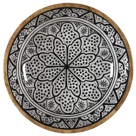 HowHomely Bol en bois de 28 cm – Blanc/noir – Grand saladier en bois avec motif oriental, saladier, bol à fruits, bol décoratif