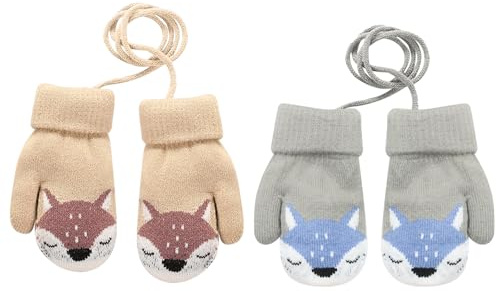 VEGCOO 2 Paar Kinder Gestrickt Handschuhe, Baby Winter Handschuhe, Cartoon Kinder Winter Handschuhe Fäustlinge, Warme Fleece-Gefütterte Handschuhe für 1-3 Jahre Mädchen Junge
