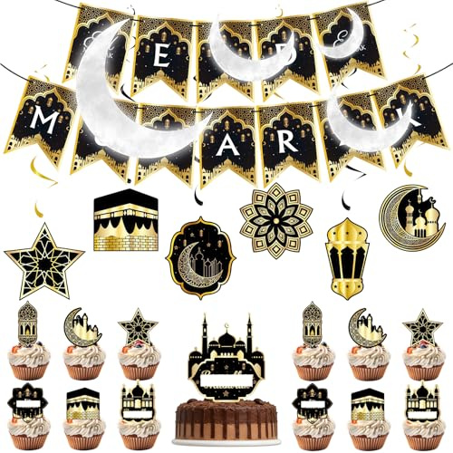 Ramadan Deko Set, 31Pcs Eid Mubarak Banner Girlande / Kuchendekorationen Und Hängende Wirbel,Schwarze Und Goldene Ramadan Deko Set Für Muslim Party Islamische Festival Dekor Partyzubehör