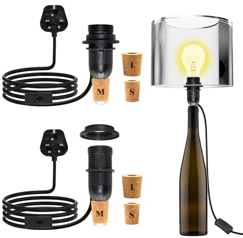 LAKONEI E14 Bottle Lamp Kit with Switch and UK Plug, 2PCS DIY Lamp Socket for Bottles, Black Bottle Lights Adaptor Cable with 240CM Cord and 3 Stoppers (No Bulb)