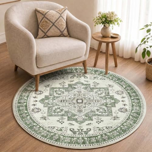 TOPICK Vintage Kurzflor waschbar faltbar Teppich Wohnzimmer Rund 120 Grün | Orientalisch Teppich rutschfest Schlafzimme faltenfrei dünn antirutschunterlage Teppich Esszimmer Carpet Living Room Bedroom