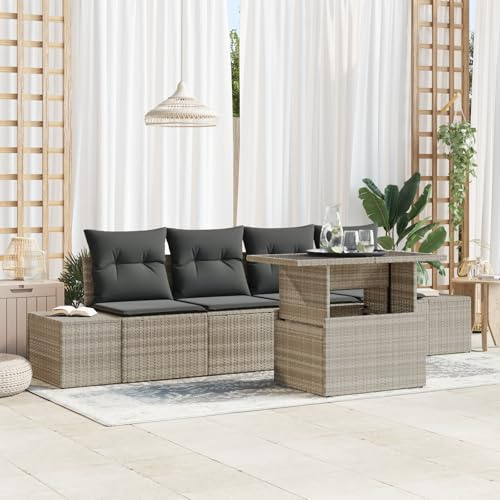 CongVVFV 5-TLG. Garten-Sofagarnitur mit Kissen in Hellgrau aus Poly Rattan, höhenverstellbarer Tisch, wetterbeständiges Outdoor-Set für Terrasse und Balkon, Bequeme Polsterauflage,