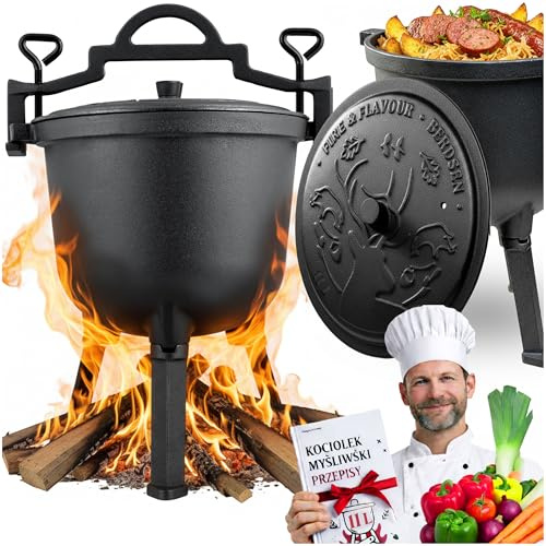 Berdsen Gusseisen Topf 11 L Dutch Oven - Feuertopf für Lagerfeuer und Grill - Gleichmäßiges Garen - mit 3 Beinen und Aufhängebügel - inkl. Rezeptbuch - Schwarz
