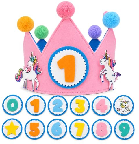LEMONSTONE Geburtstagskrone Mädchen Rosa, Einhorn Krone Geburtstag aus Filz mit 12 Auswechselbaren Buttons, Verstellbare Geburtstagskrone Kinder für Geburtstag Mädchen Kindergeburtstag Deko