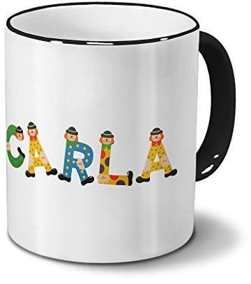 printplanet Tasse mit Namen Carla - Motiv Holzbuchstaben - Namenstasse, Kaffeebecher, Mug, Becher, Kaffeetasse - Farbe Schwarz