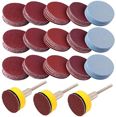 25mm Schleifpapier Polierpad VÉZAAR 300 Stück Schleifscheiben Sets mit Aufkleber Unterstützer Teller 3mm Schaft für Schleifmaschine Bohrer Drehwerkzeuge Schleifpapier 100 180 240 1500 3000 Körnung