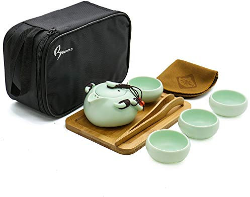 Uteruik Chino Estilo japonés japonés de 8 piezas Té de viaje Té porcelana Juego de té Kung Fu hecho con bolsa de viaje (4 tazas)