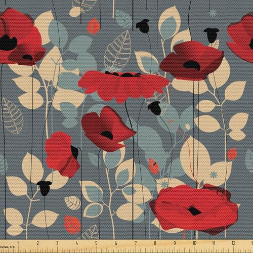 ABAKUHAUS Mohn Stoff als Meterware, Moderner Blumengarten, Qualität aus Gewebten Stoff Wohnaccessoires, 5M (148x500cm), Beige Grau Rot