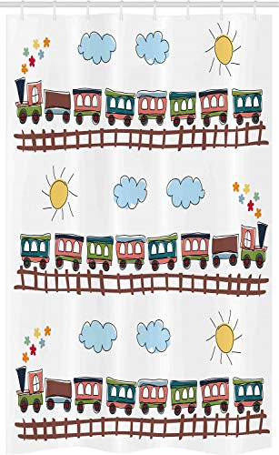ABAKUHAUS Kindergarten Schmaler Duschvorhang, Cartoon-Zug Tracklines, Badezimmer Deko Set aus Stoff mit Haken, 120 x 180 cm, Hellblau Mehrfarbig