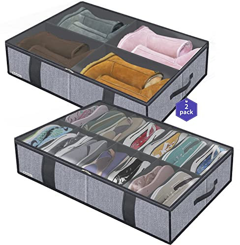 homyfort Organizador de calzado para debajo de la cama (tamaño grande, 14 + 4 compartimentos), Titular de la Zapata Bolsas organizadoras de Zapatos, Plegable, 86x60x15 cm, Gris Lino, XDUBS14S4