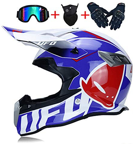 LEENY Casco da Motocross, Stile UFO Bianco Blu Rosso Casco da Moto Set con Occhiali Maschera Guanti, Caschi da Cross Motocicletta off-Road Sport Enduro Downhill ATV MTB BMX Racing Casco,XL(60~61cm)