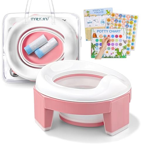 Töpfchen Toilettensitz Kinder 3 in 1 Faltbare WC Baby Potty Training Sitze AuBen Innen Tragbar Reisetöpfchen mit Reisetasche und Einweg Liner Müllsäcke für ab 1 2 Jahre Jungen und Mädchen(Rosa)