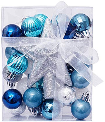 Weihnachtsball Ornamente Weihnachtskugeln Weihnachtsdeko Hängende Kugeln Rustikale Ornamente Bruchsichere Weihnachtsbaum Ornamente für Weihnachtsbaum Christbaumschmuck,30 Stück 30MM,Blau weiß silber
