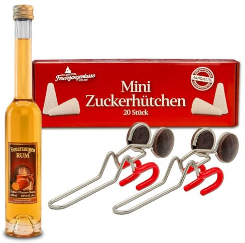 Feuerzangen-Set | Feuerzange (2 Stück) mit Rum (100ml) + MiniZuckerHütchen (20er) | Für Feuerzangenbowle und Winter-Cocktails