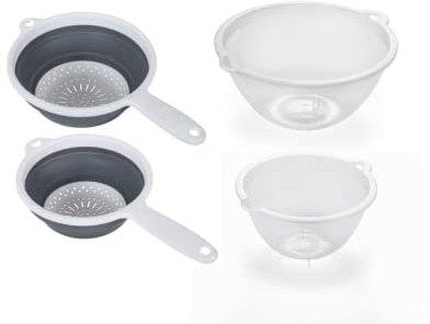 Addis 519048 Piece Ready Including Collapsible Food Colander Set and Twin Mixing Bowls 1 4 Litre, Clear, Plastic