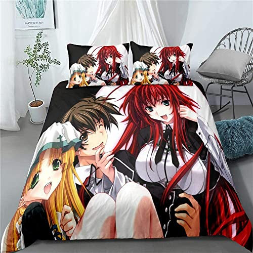 High School DxD Rias Gremory/Asia Argento Anime Bettwäsche-Sets Cartoon 3D-gedrucktes Polyestergewebe 1 Bettbezug + 2 Kissenbezüge (keine Bettdecke)