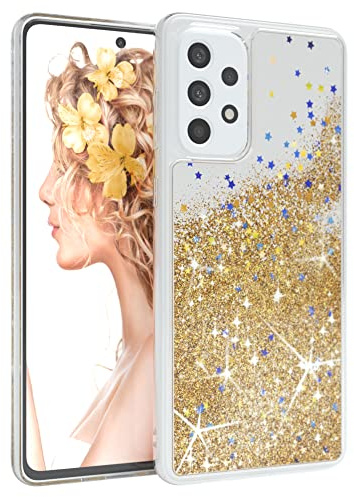 EAZY CASE Hülle kompatibel mit Samsung Galaxy A73 (5G) Schutzhülle mit Flüssig-Glitzer, Handyhülle, Schutzhülle, Back Cover mit Glitter Flüssigkeit, TPU/Silikon, Transparent/Durchsichtig, Gold