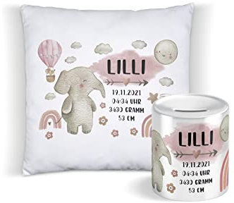 Set Spardose und Kinderkissen für Mädchen personalisiert mit Namen und Geburts-Daten zur Taufe Geburtstag Geburt Kuschelkissen Einschulung (Elefant Set)