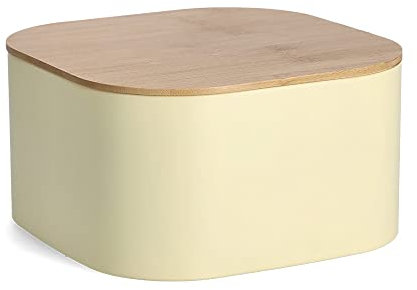 Zeller 25383 Bread Bin with Bamboo Lid, Metal, Yellow, Approx. 26.5 x 26.5 x 14.5 cm, Bread Box, Bread Storage