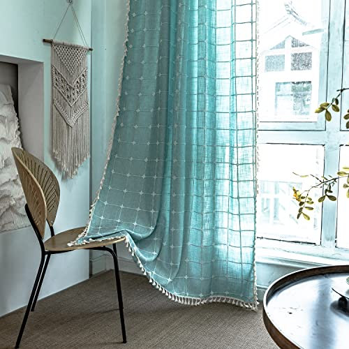 Sedefen Boho Vorhänge Grün Leinen Textur Lichtdurchlässig Vorhänge mit Quasten Stickerei Gitter Verdunkelungvorhang Landhausstil Gardinen for Schlafzimmer Wohnzimmer 1 Stück 140x120cm(BxH)