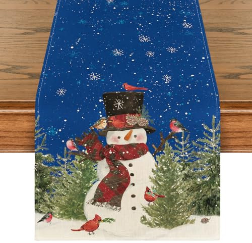 Artoid Mode Blau Schneemann Vögel Bäume Weihnachten Tischläufer, Saisonnal Winter Küche Tisch Dekoration Drinnen Urlaub Party Dekor 40x140 cm