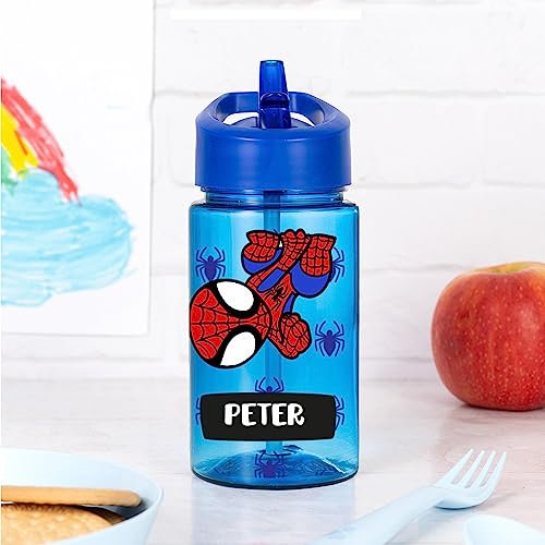 Wanapix | Bouteille personnalisée pour enfants | Gourde d'eau pour enfants | Avec paille et poignée de transport | École/Crèche | Plastique sans BPA | 440 ml | Bleu | Spider