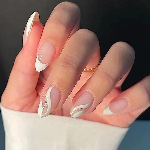 Kyzistn French False Nails - Short, Oval, White Swirl Wavy Pattern Stick On Nails with Glue, 24pcs