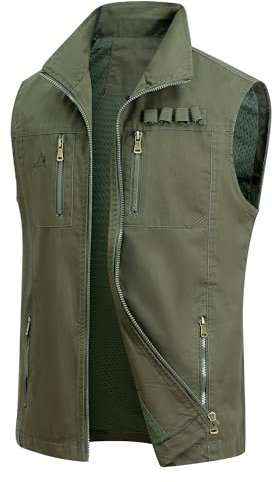 MeiLayM Uomo All'aperto Gilet Multi-Tasca Cotone Gilet da Pesca Leggero Traspirante Giubbotti Gilet vintage Casual Sport Giubbino Senza Maniche Caccia FotografiVerde militare,S