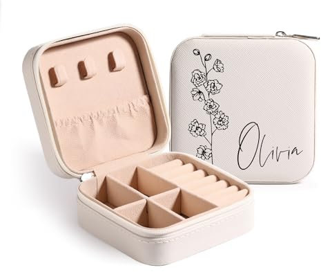 MeMeDIY Personalisierte Schmuckschatulle mit Namen/Blume Individuelles Leder Reise-Schmuckkästchen Schmuck-Organizer-Box Hochzeit Brautjungfer Geschenke für Frauen und Mütter C1-Weiß