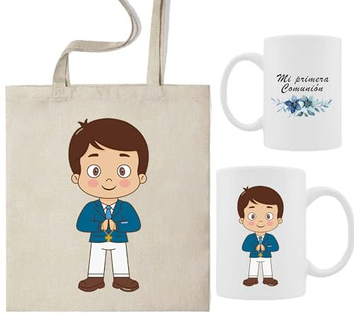 ELISA BOTELLA Pack taza comunion + bolsa de tela, kit regalo comunion bolsa de tela con taza mi primera comunion (Pack Comunión Niño)