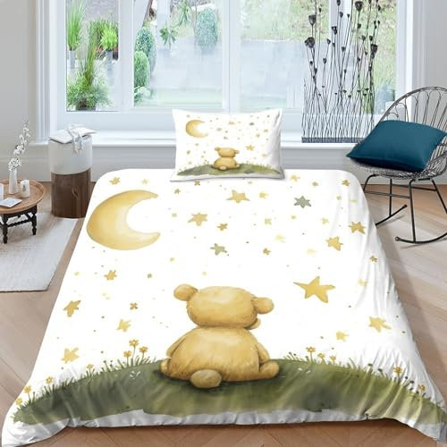 HMLTD Bettwäsche-Set Mondbär 3D Tier Serie Print Musterdesign Mit Reißverschluss,Motiv Märchen Dreiteiliger Bettbezug Set Microfaser Single(135x200cm)