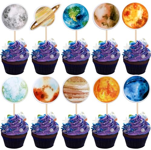 Xsstarmi 40 Pack Outer Space Cupcake Toppers Planet Cupcake Picks Solar System Galaxy Universe Planets Cake Decorations for Space Planet Theme Baby Shower Birthday Party Supplies