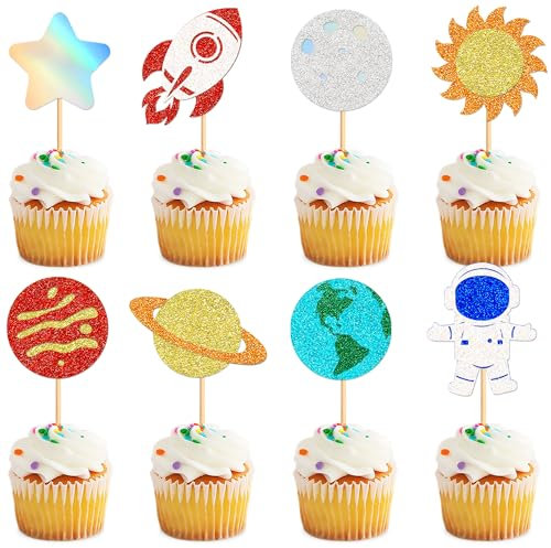 Blumomon 24 Stück Sonne Mond Sterne Erde Astronaut Cupcake Topper. Rakete Geburtstagstorte Dekoration Kosmische Torte Tortenaufleger Weltraum Thema Party Dekoration