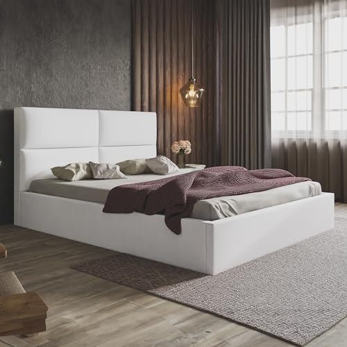 MOTIVENA Livi Polsterbett 180x200 Weiss, Polsterbett 180x200 Kunstleder, Polsterbett 180x200 mit Bettkasten, Polsterbett 180x200 mit Stauraum, mit Lattenrost, mit Kopfteil, ohne Matratze, Weiß