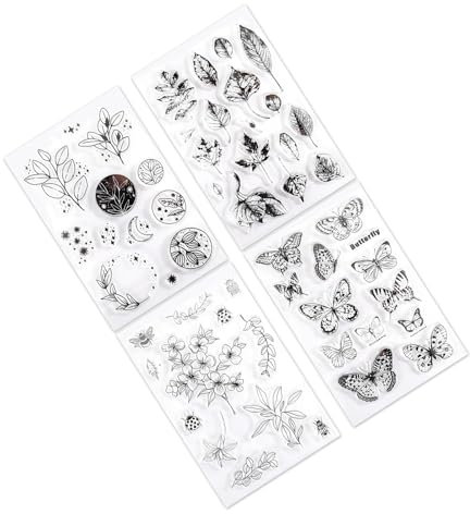 ＣＨＡＭＥＥＮ Silikonstempel 4 Stück Clear Silikonstempel Blumen Farn Schmetterling Pflanzen Sprüche Vintage Silikon Stempelset für Journal Scrapbooking DIY Geburtstag Stempelset