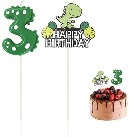 CHSZSH 1 Kerze Zum 3. Geburtstag, Dinosaurier-Kucheneinsatz, Kuchendekorationskerze, Grüne Kerze
