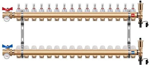 MD Technic Heizkreisverteiler aus Messing von 2 bis 16 Heizkreisen mit Druchflussmesser, Handventilen, Wandhalterungen, Endset zum Befüllen, Auto. Schnellentlüftern (Kugelhahn Gerade, 16 Heizkreise)