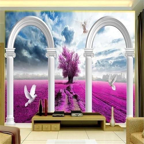 LUXINSHISU Wohnzimmer Schlafzimmer Fototapete 3d wallpaper Römische Säulen Lavendel Herrenhaus Hintergrund Wand Home Decorating Stickers Seidenstoff Wandkunst
