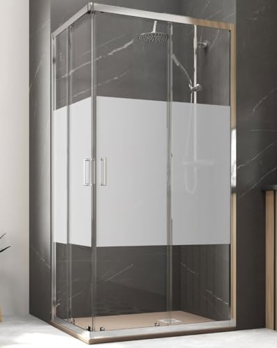 Mampara Ducha Rectangular Angular Corredera 2 Puertas 2 Fijos | Cristal 5mm Antical Serigrafía | Perfil Cromo 100cm (Adaptable 96,5-98,5cm) X 90cm